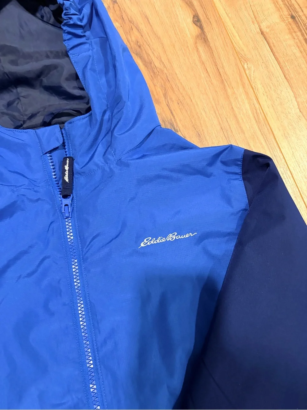 Eddie Bauer Two-Tone Blue Hooded Raincoat